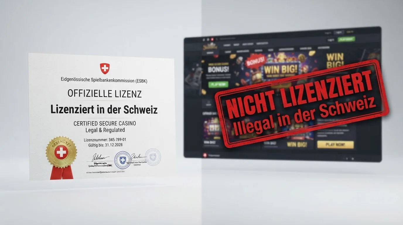 Das ESBK-Logo neben einem roten «Nicht lizenziert»-Stempel auf einer Offshore-Casino-Seite