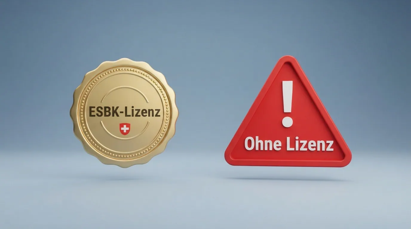Das offizielle ESBK-Logo neben einem roten Warnsymbol mit der Aufschrift «Ohne Lizenz»