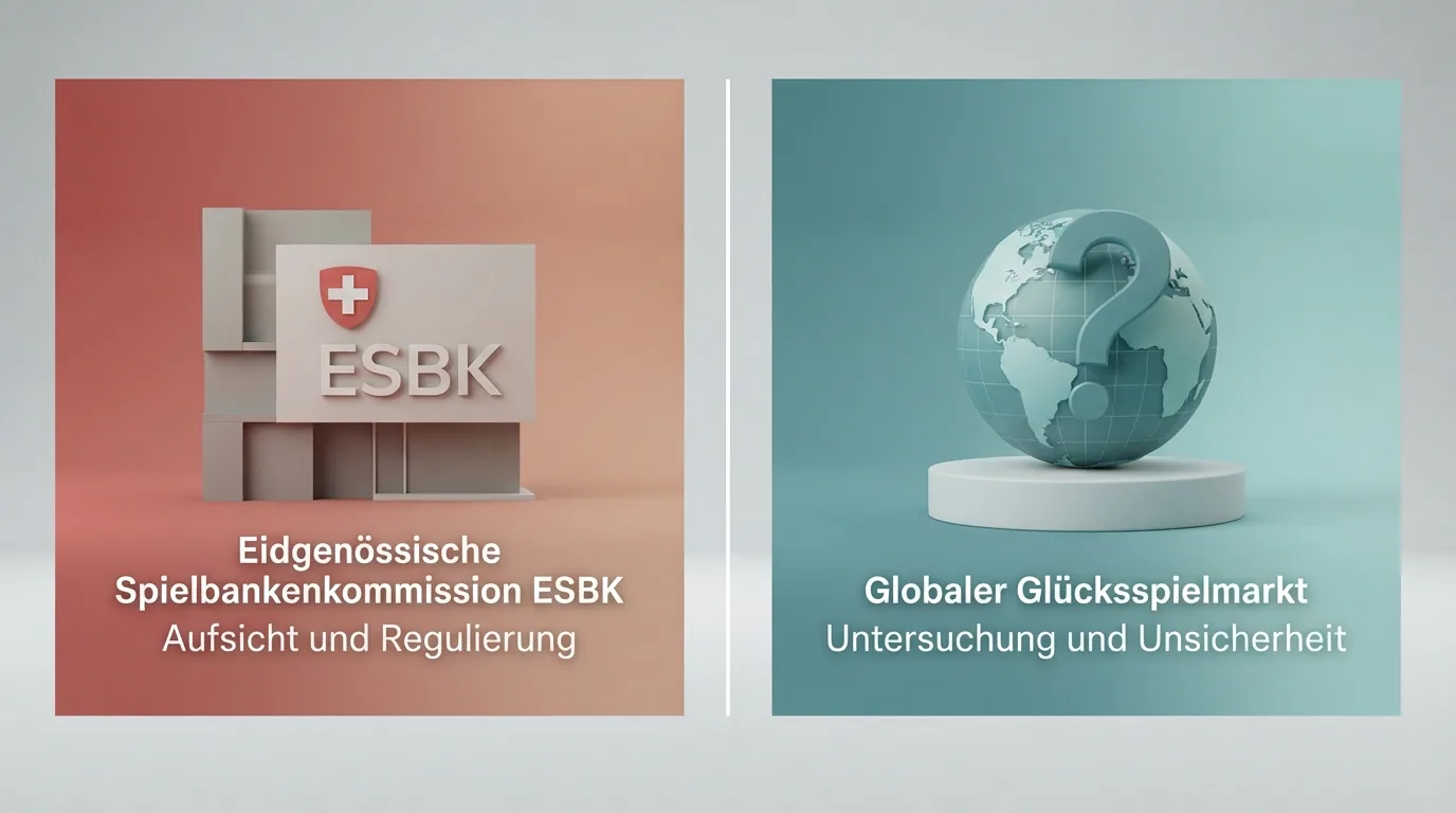 Eine grafische Gegenüberstellung: links ein Gebäude mit Schweizer Wappen und «ESBK», rechts ein Globus mit «Offshore» und Fragezeichen
