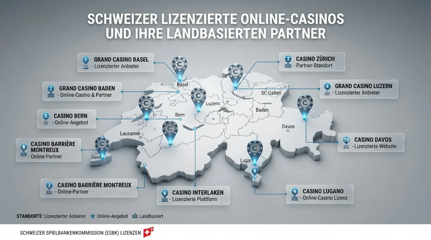 Eine Karte der Schweiz mit den Standorten der zehn landbasierten Spielbanken, deren Online-Ableger lizenziert sind, farblich markiert