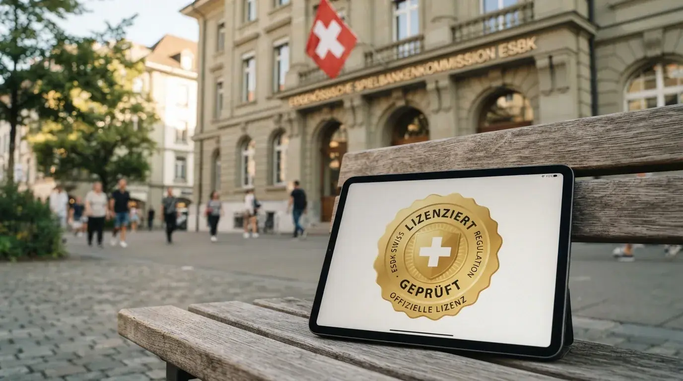 Offizielles Gebäude in Bern mit der Aufschrift «Eidgenössische Spielbankenkommission ESBK», daneben das Schweizer Wappen