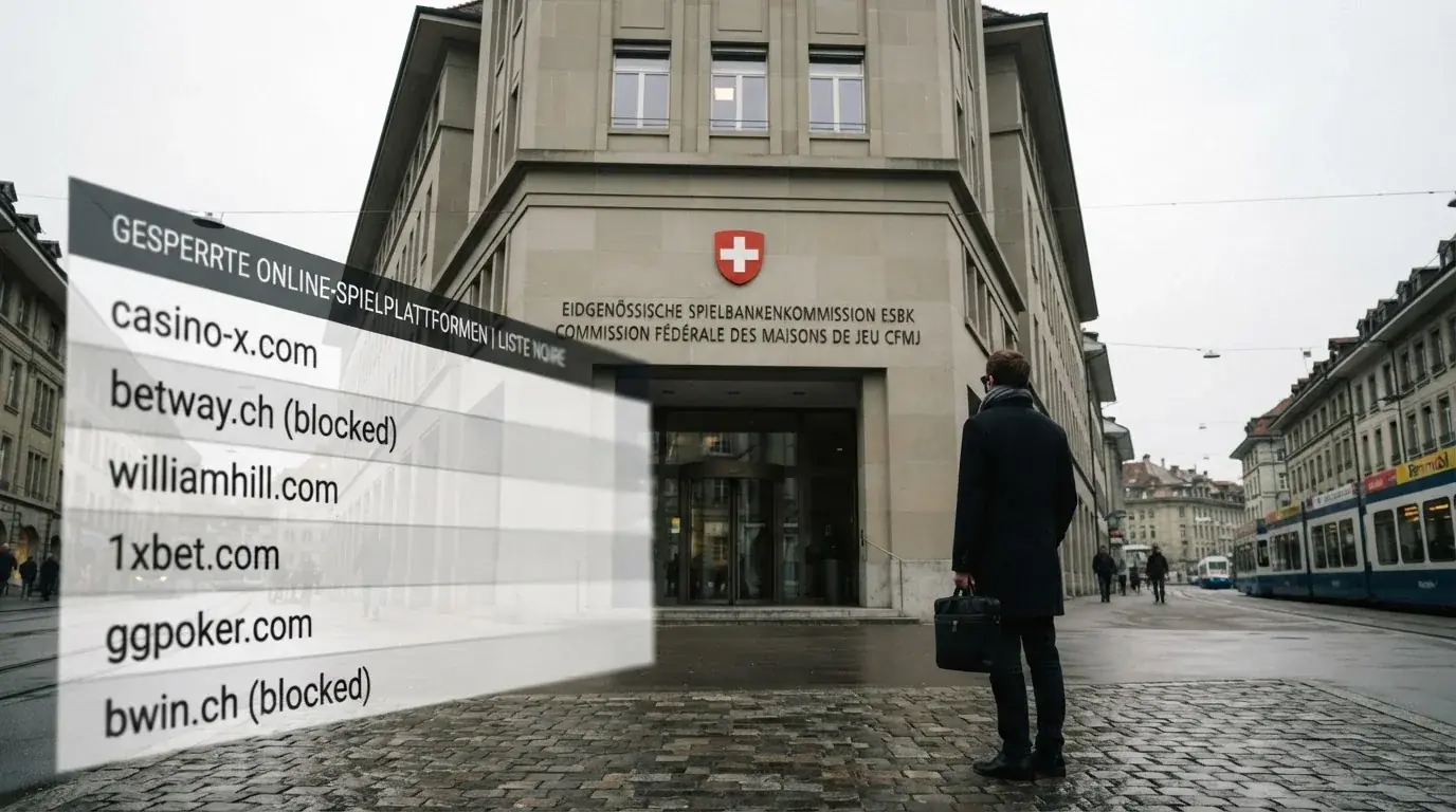 Das ESBK-Gebäude in Bern mit dem Schweizer Wappen, daneben eine stilisierte Darstellung einer DNS-Sperrliste