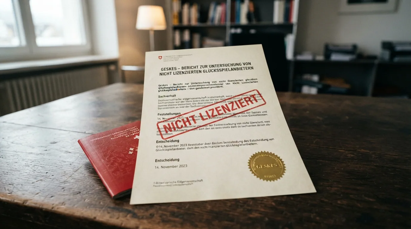 Das offizielle ESBK-Logo neben einem roten «Nicht lizenziert»-Stempel auf einem Casino-Dokument.