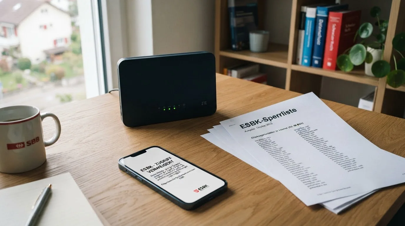 Ein offiziell wirkendes Dokument mit dem Titel «ESBK-Sperrliste» neben einem Router mit durchgestrichenem Signal