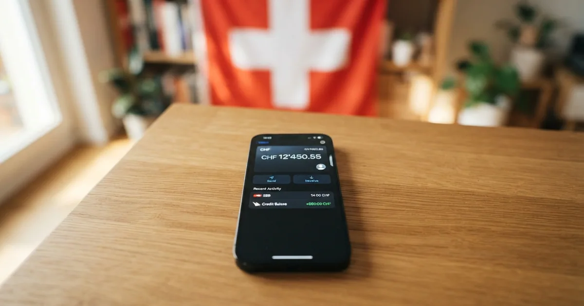 Smartphone mit geöffneter Ethereum-Wallet und Casino-Interface, im Hintergrund eine stilisierte Schweizer Flagge