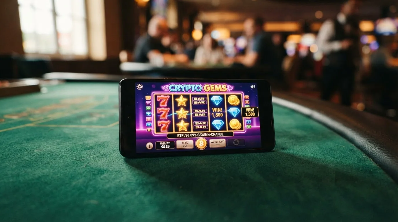 Spielautomat mit ETH-Symbol auf dem Display und sichtbarer RTP-Anzeige
