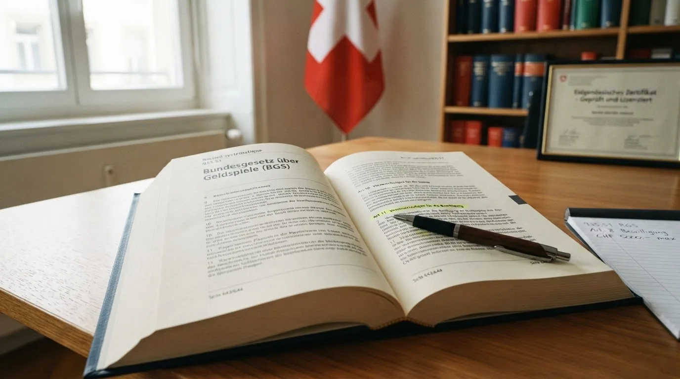 Ein aufgeschlagenes Gesetzesbuch mit dem Titel «Bundesgesetz über Geldspiele», ein Kugelschreiber auf der Seite