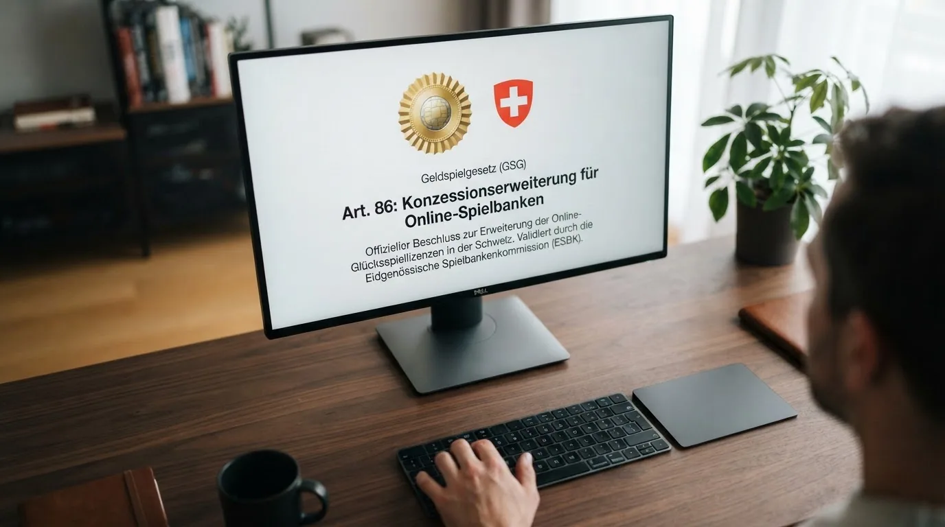 Das offizielle ESBK-Logo auf einem Bildschirm, daneben das Schweizer Bundesamtssignet und ein Auszug aus dem Geldspielgesetz