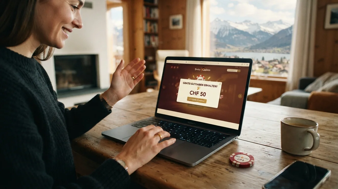 Person vor Laptop mit geöffnetem Casino und «Gratis-Guthaben»-Anzeige, im Hintergrund Schweizer Umgebung