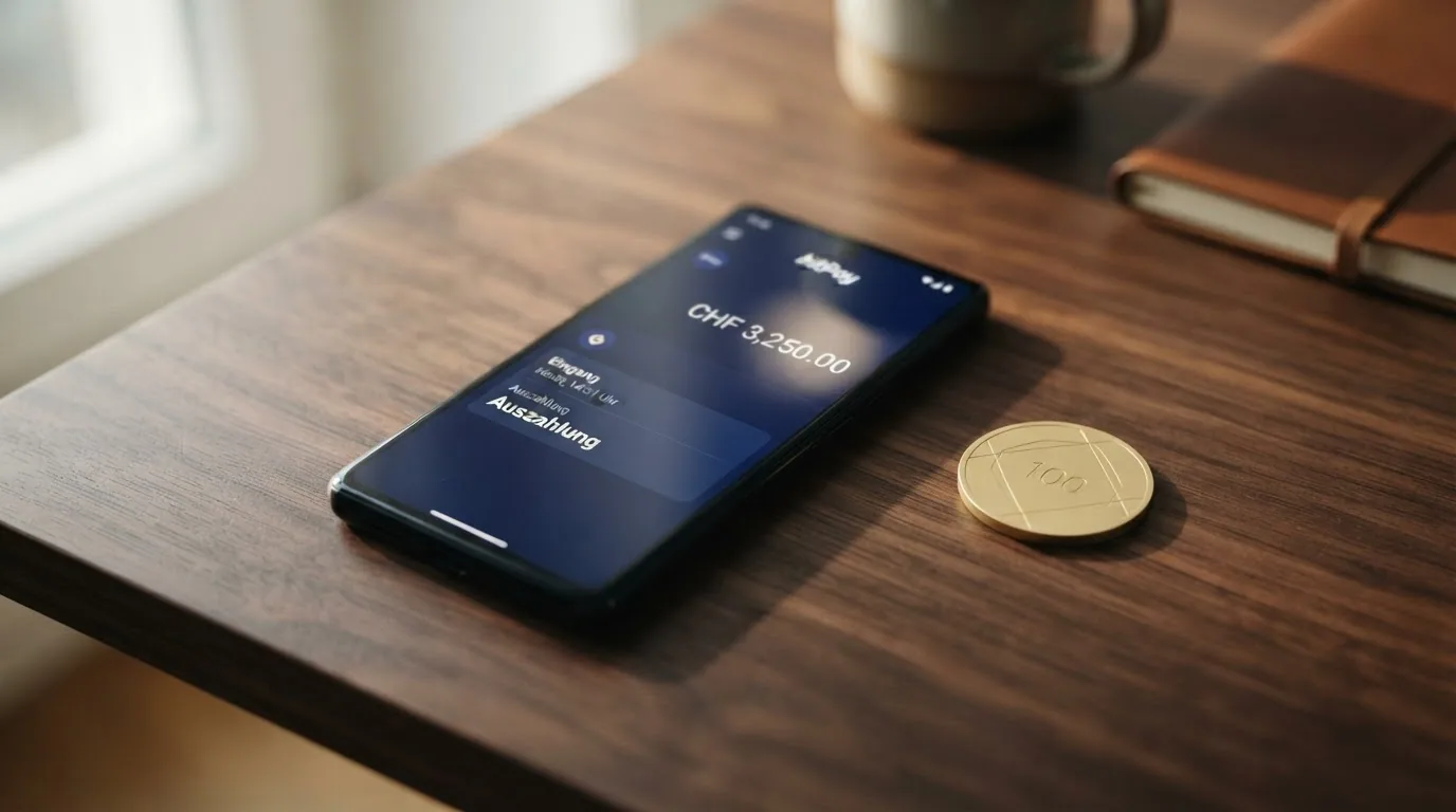 Eine Crypto-Wallet auf einem Bildschirm mit einer eingehenden Transaktion und einer Stoppuhr daneben