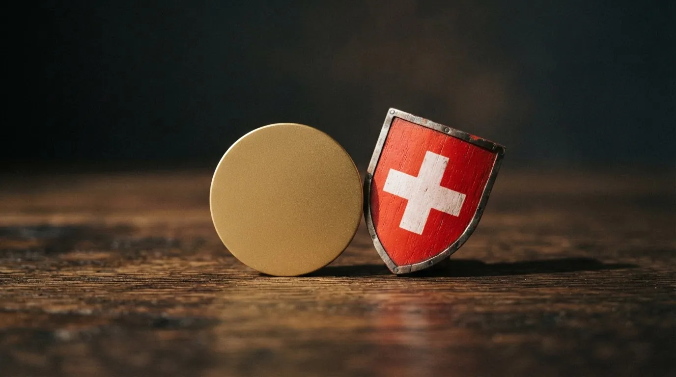Eine Bitcoin-Münze neben einem durchgestrichenen Schweizer Wappenschild auf dunklem Hintergrund