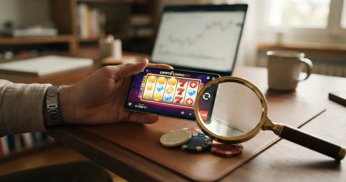 Eine illustrierte Übersicht von Kryptowährungs-Logos, Casino-Chips und einer Lupe als Symbol für den Vergleich