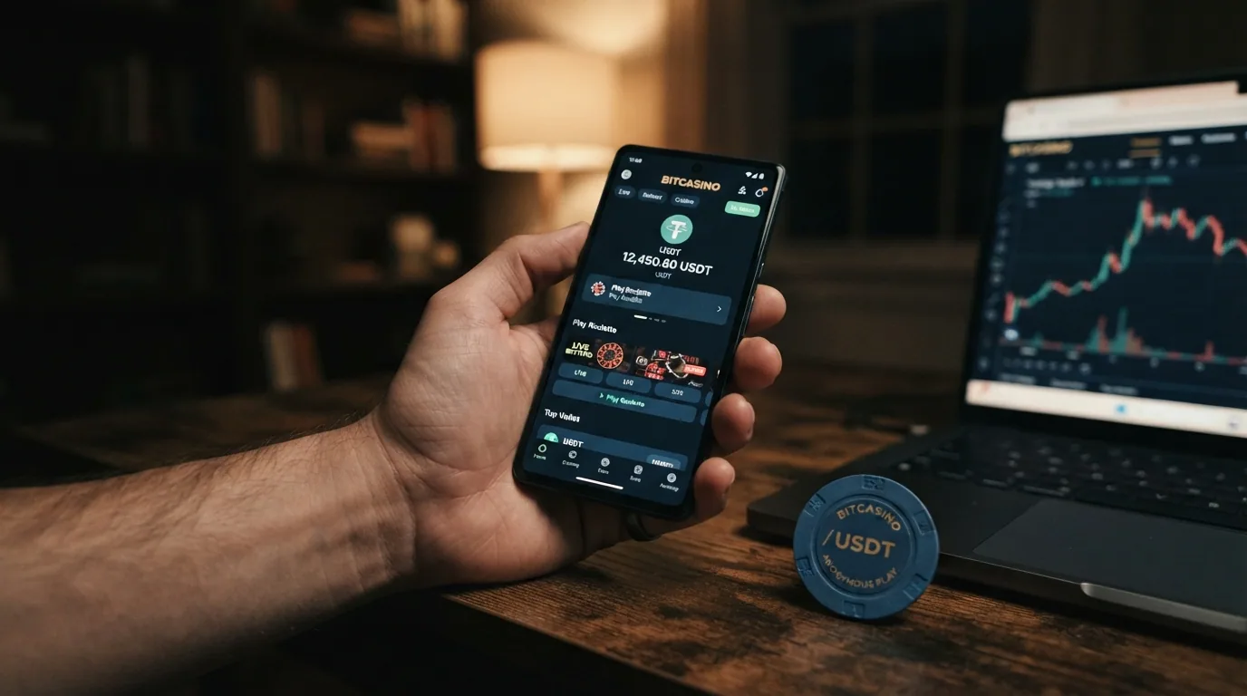 Eine Hand hält ein Smartphone mit geöffneter Krypto-Wallet, im Hintergrund unscharfe Casino-Oberfläche