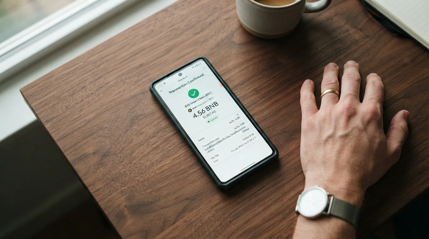 Ein Smartphone mit geöffneter Krypto-Wallet zeigt eine bestätigte BNB-Transaktion mit Betrag und Transaktions-Hash.