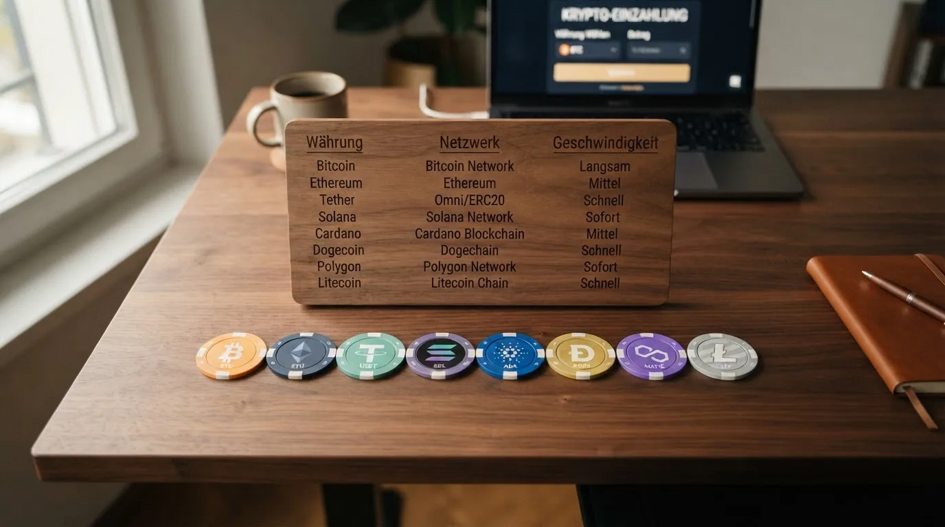 Eine Reihe verschiedener Krypto-Münzen (Bitcoin, Ethereum, USDT, Solana, Litecoin) nebeneinander aufgereiht