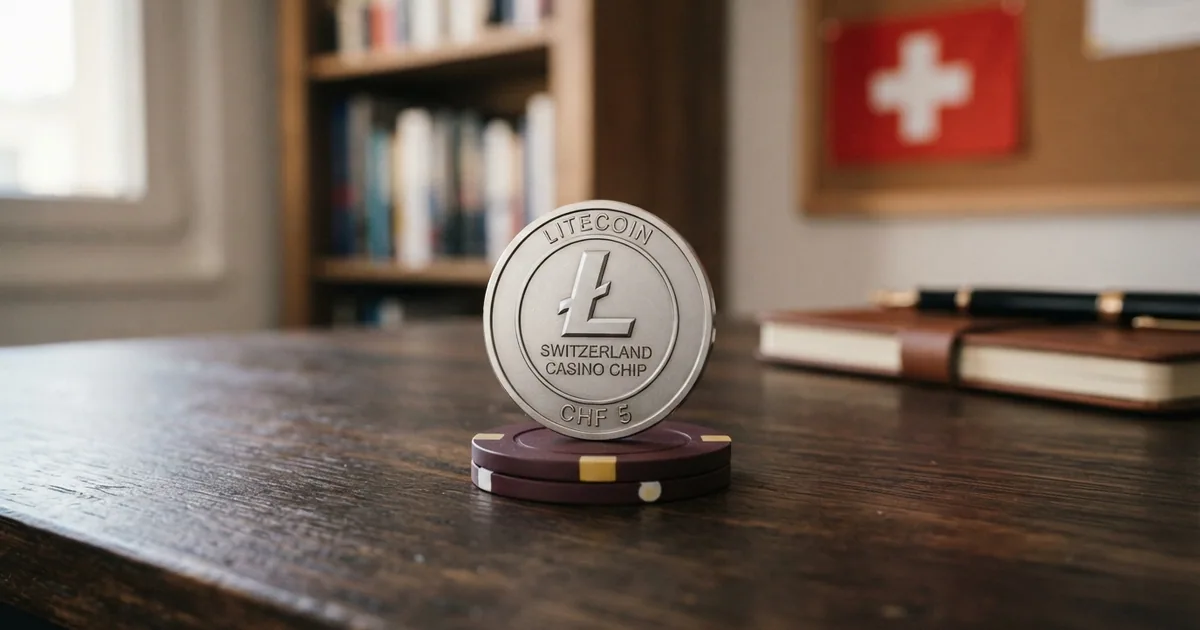 Litecoin-Münze auf einem Casino-Chip mit Schweizer Kreuz im Hintergrund
