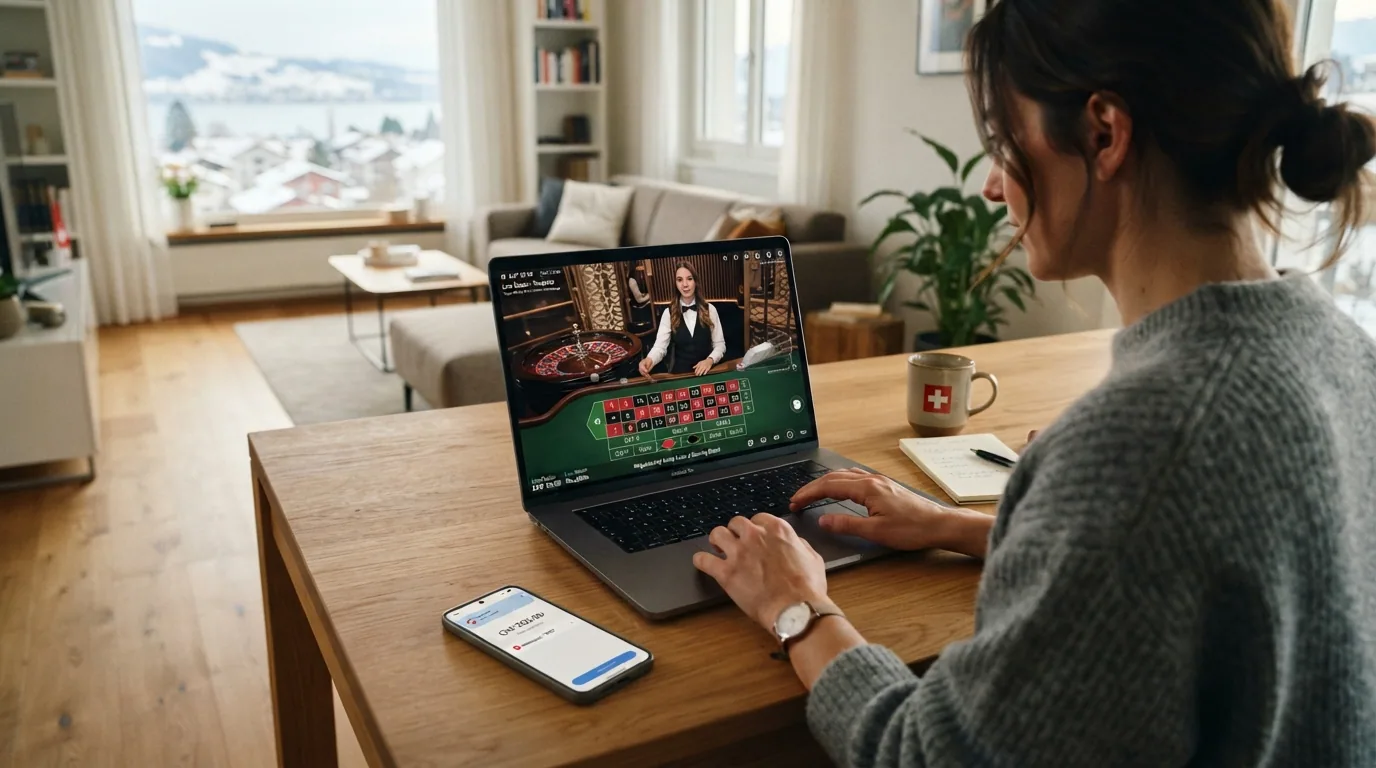 Ein Live-Roulette-Tisch mit Evolution-Branding, ein Croupier im Bild, im Vordergrund eine CH-Einzahlungsmaske mit TWINT-Logo