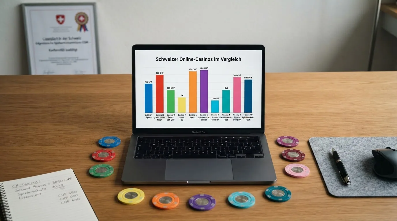 Eine tabellarische Übersicht mit den Logos der zehn konzessionierten Schweizer Online-Casinos