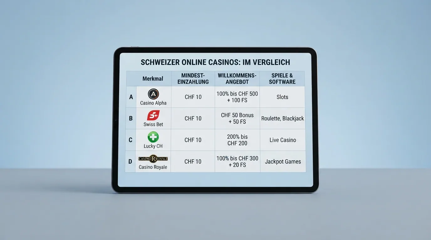 Schematische Darstellung einer Vergleichstabelle mit den Logos der zehn ESBK-lizenzierten Online-Casinos und ihren Hauptkonditionen