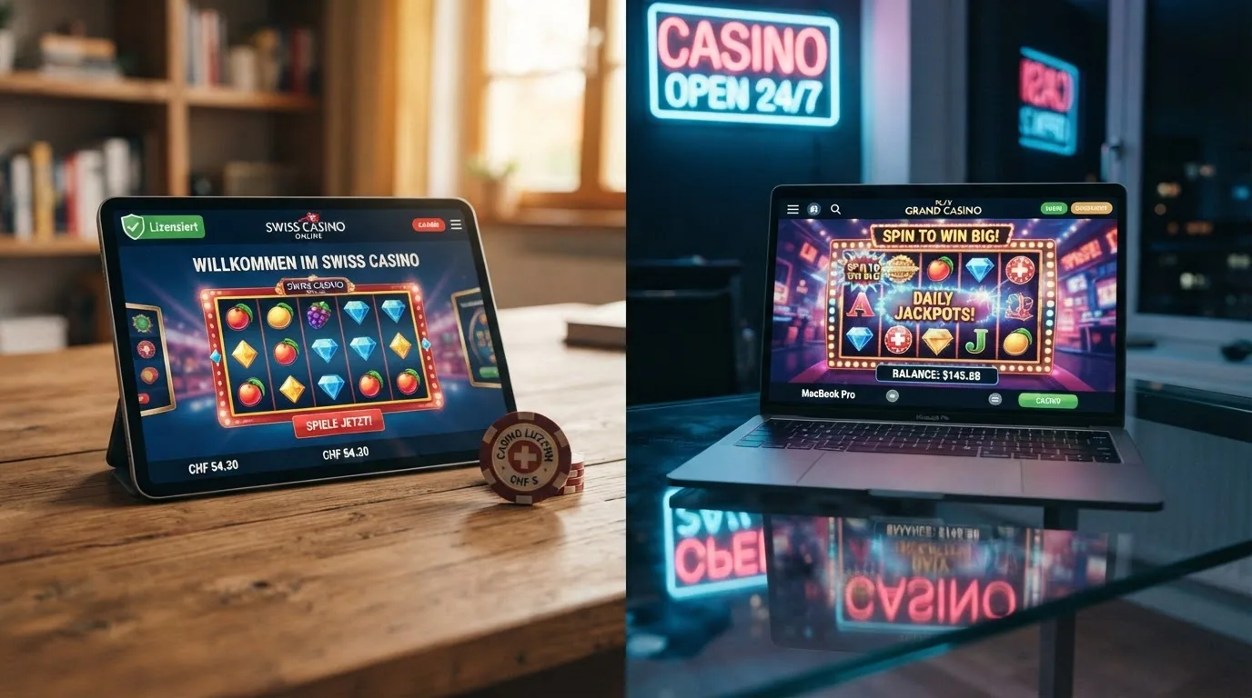 Eine Gegenüberstellung: auf der linken Seite ein ESBK-lizenziertes Casino mit Schutzsymbolen (Schild, Limit-Anzeige, Ombudsstelle), rechts ein Offshore-Casino ohne diese Symbole