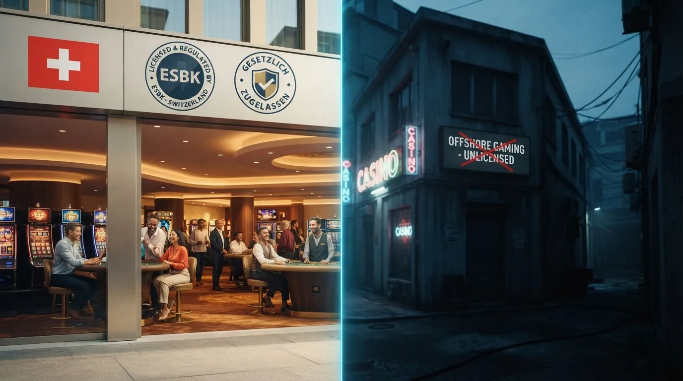 Eine Trennlinie zwischen zwei Hälften: links ein Schweizer Casino mit Schutzschild-Symbol und ESBK-Siegel, rechts ein anonymes Offshore-Gebäude mit durchgestrichenem Schild
