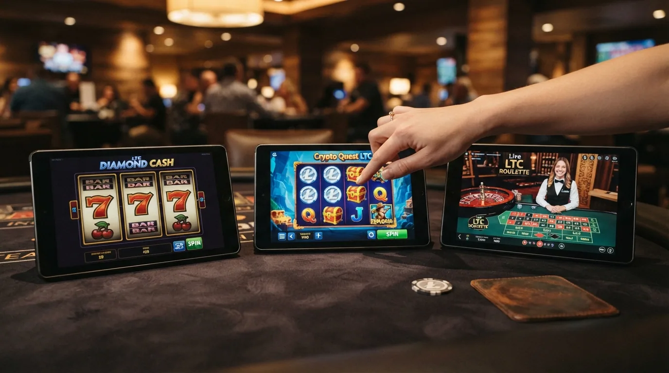Collage aus Slot-Walzen, einem Roulette-Rad und einem Live-Dealer-Tisch mit LTC-Branding