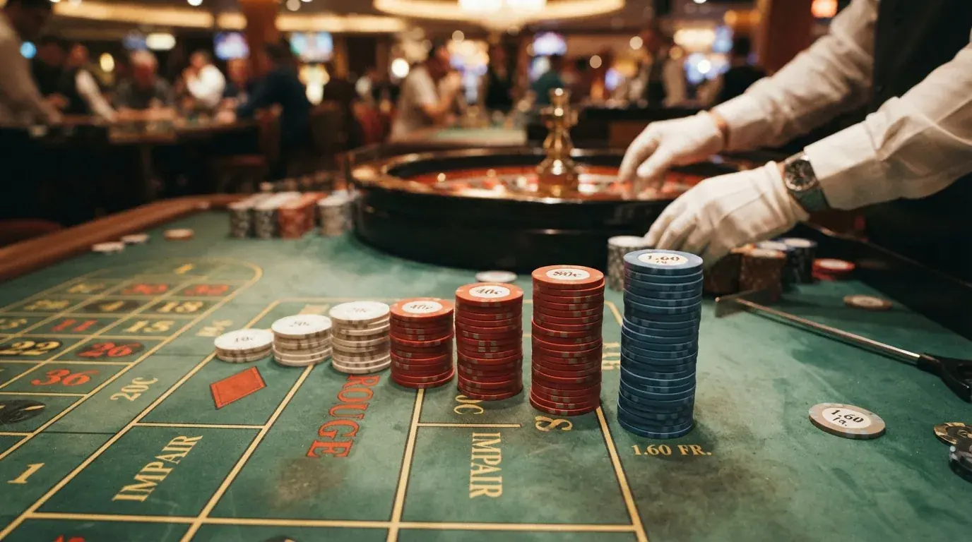 Roulette-Kessel mit farbigen Chips in progressiver Stapelung auf dem grünen Filz