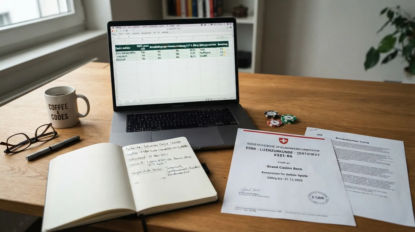 Schreibtisch mit ausgebreiteten Dokumenten: ESBK-Registerauszug, Betreiber-AGB, Slot-RTP-Tabellen und ein geöffneter Laptop mit Recherche-Tabelle