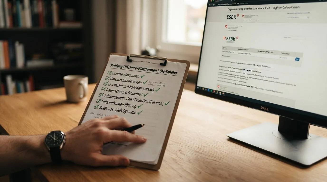 Eine Checkliste mit abgehakten Kriterien (Bonus, Umsatz, Lizenzen, USDC-Netzwerke, Spielauswahl) auf einem Klemmbrett, daneben der Bildschirm mit dem ESBK-Register