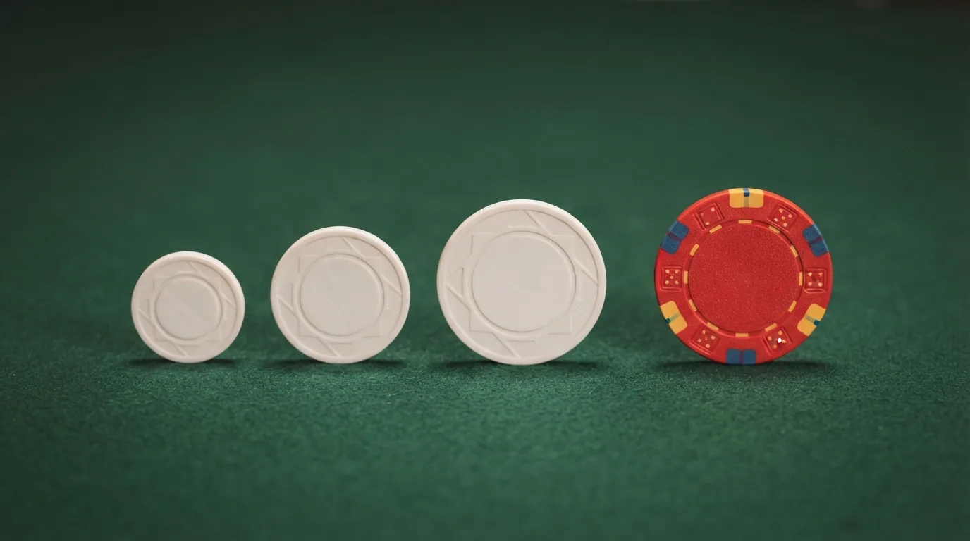 Drei nebeneinanderliegende Schweizer Franken-Münzen zu 5, 10 und 20 Rappen mit einem Casino-Chip