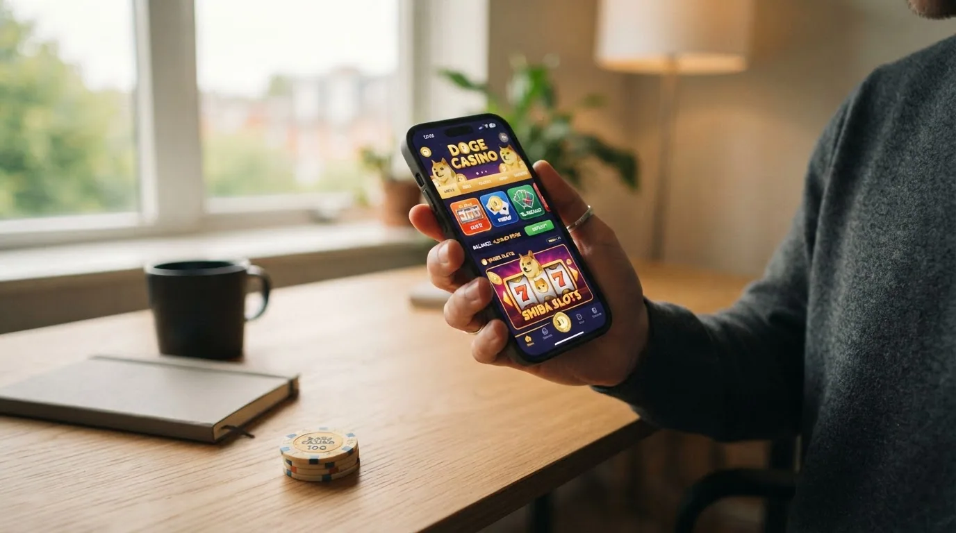 Smartphone in der Hand mit geöffnetem DOGE-Casino im mobilen Browser, Casino-Oberfläche klar lesbar
