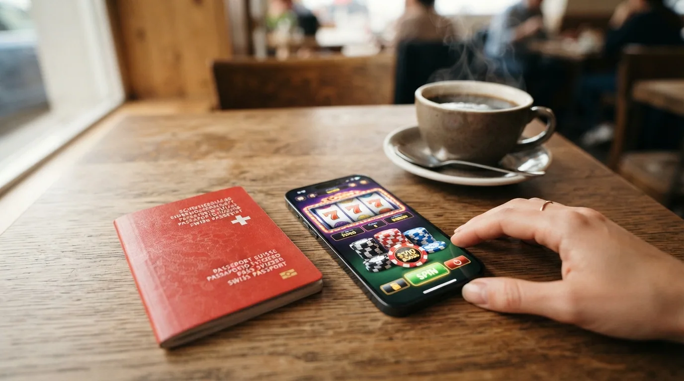 Ein Schweizer Pass und ein Smartphone mit geöffneter Casino-App auf einem Café-Tisch, daneben ein Kaffee