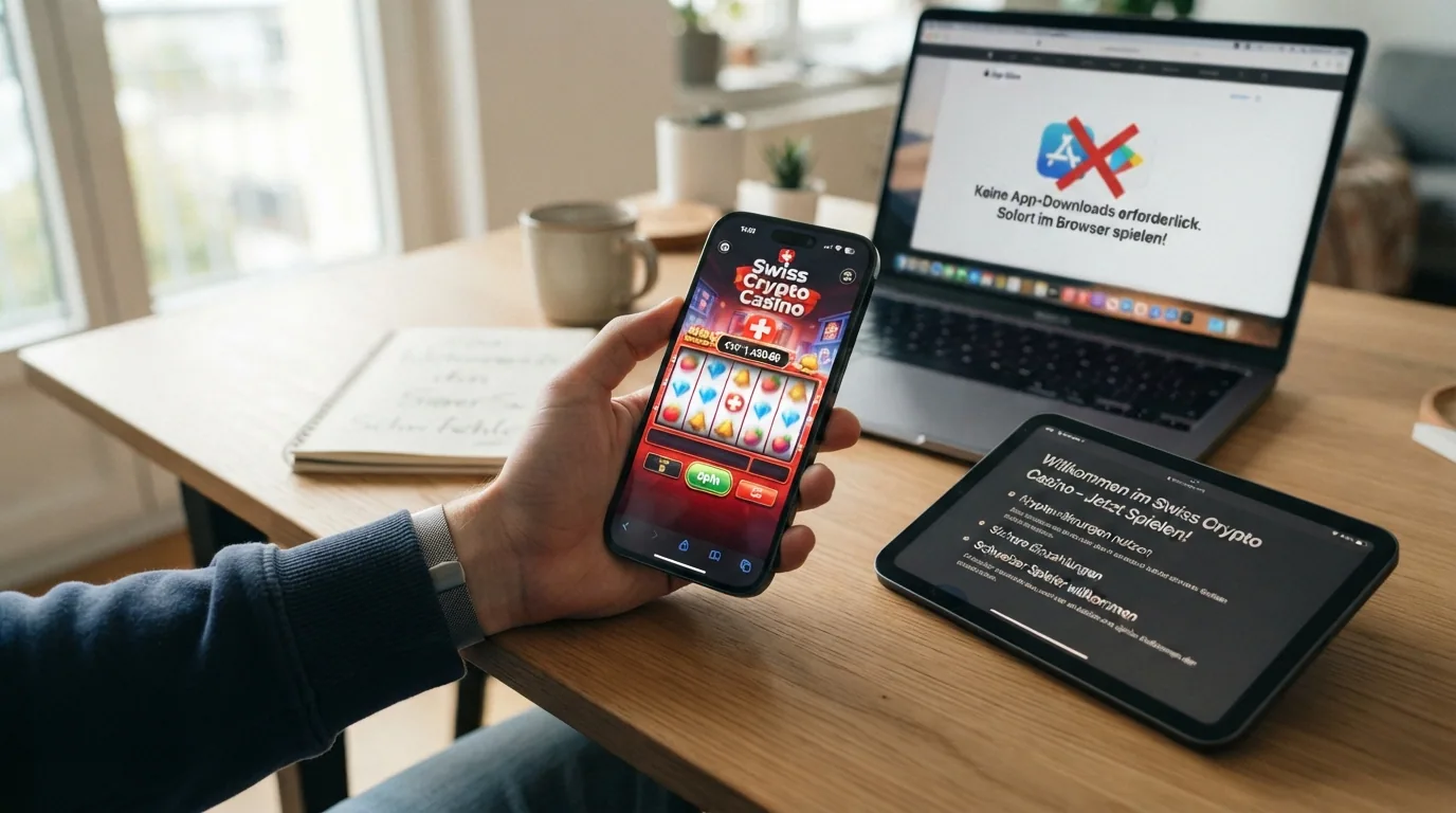 Ein Smartphone mit Casino-Oberfläche im Browser, daneben ein durchgestrichenes App-Store-Symbol