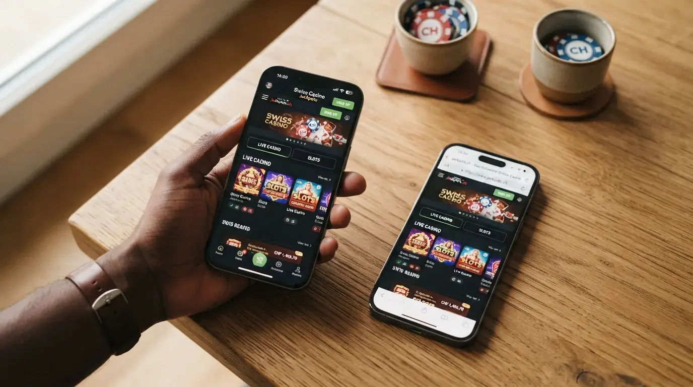 Zwei Smartphones nebeneinander: links eine Casino-App mit Wettübersicht, rechts dieselbe Seite im mobilen Browser