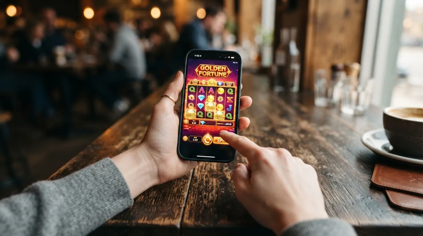 Ein Smartphone in der Hand, darauf eine geöffnete Casino-App mit Einzahlungsbildschirm und sichtbarem 20-CHF-Betrag