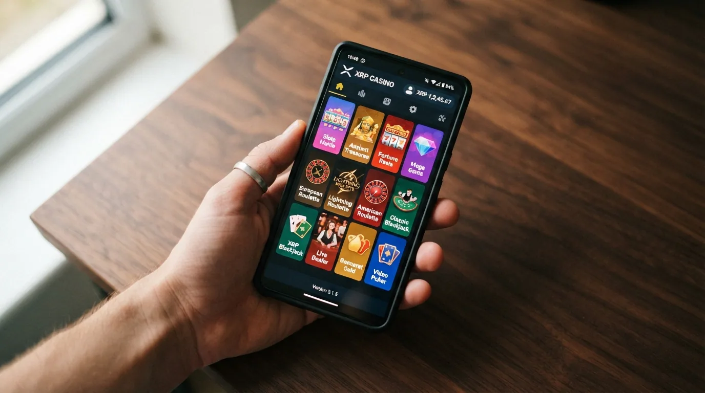 Ein Smartphone in der Hand, darauf eine Casino-Lobby mit Spielkacheln und XRP-Guthaben-Anzeige