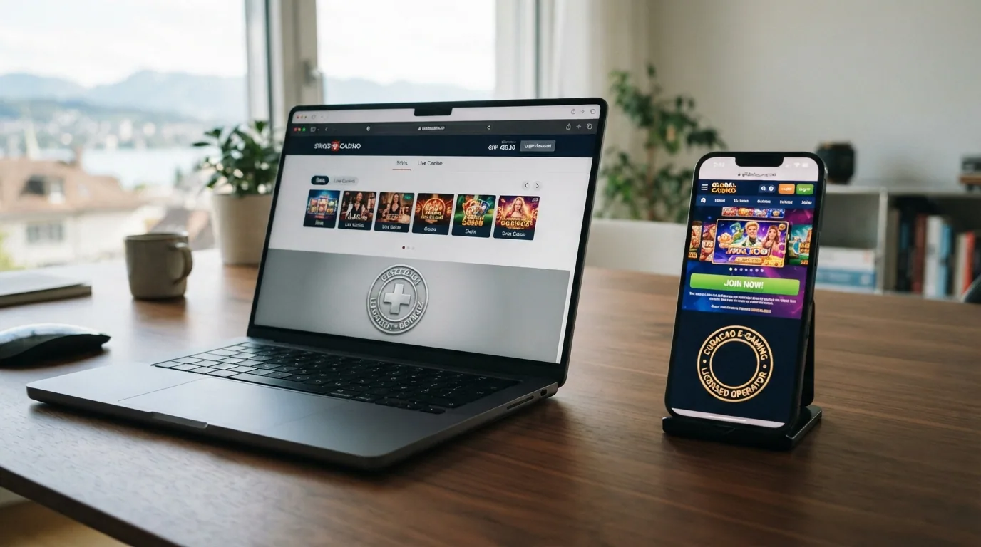 Eine zweigeteilte Grafik: links ein sauberes Schweizer Casino-Interface mit .ch-Domain, CHF-Währung und ESBK-Siegel; rechts ein Krypto-Casino mit USDC-Logo und Curaçao-Lizenzvermerk