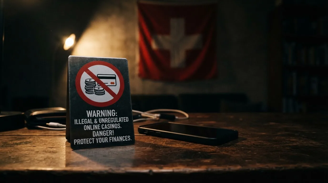 Warnsymbol mit durchgestrichenem Offshore-Casino-Logo und Schweizer Flagge
