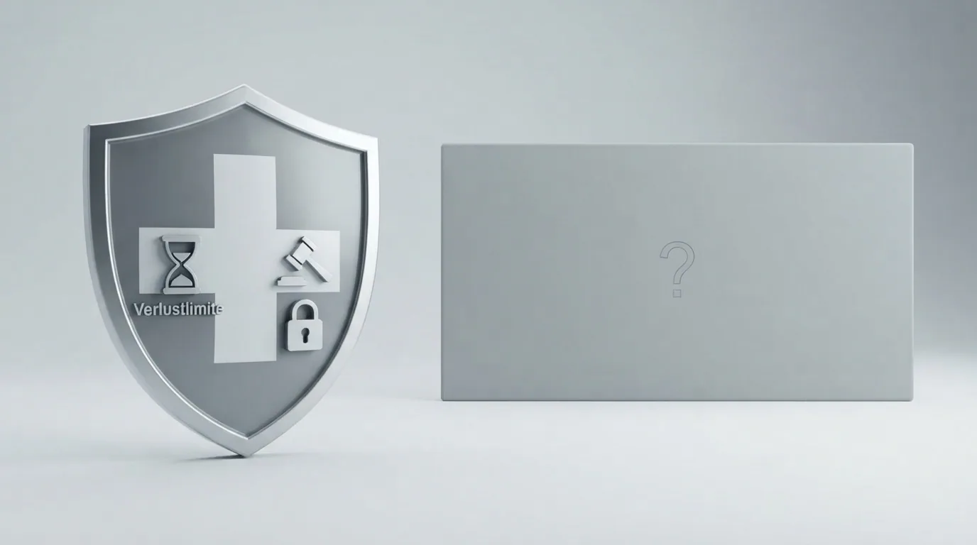Eine symbolische Gegenüberstellung: Links ein Schutzschild mit Schweizerkreuz und den Icons für Sperrdatei, Limit-Uhr und Gerichtswaage — rechts ein leeres graues Feld mit Fragezeichen