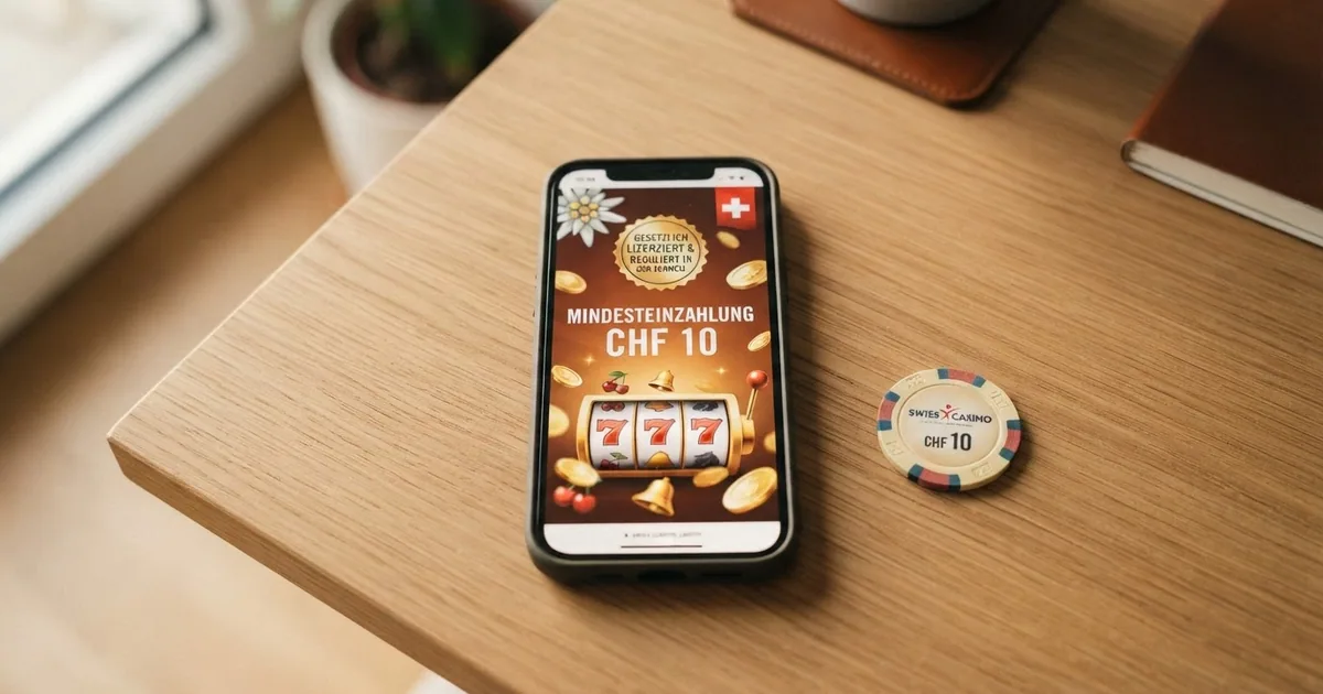 Schweizer Online-Casino-Startseite auf einem Smartphone-Bildschirm mit dem Text «Mindesteinzahlung CHF 10»