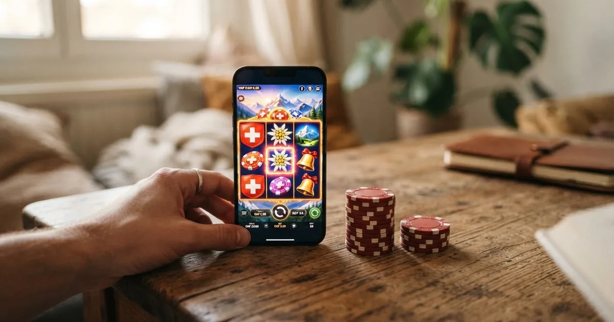 Ein Stapel Schweizer Franken-Münzen und -Noten neben einem Smartphone mit geöffneter Casino-App, auf einem Holztisch