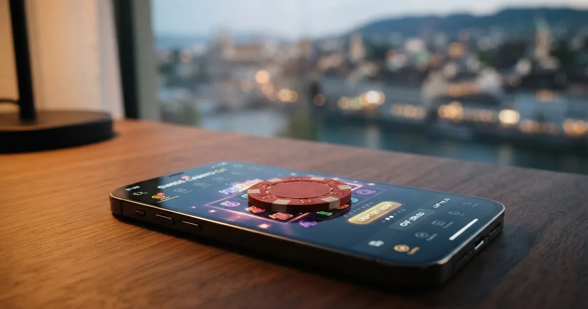 Schweizer 1-Franken-Münze auf einem Smartphone-Bildschirm mit Casino-Oberfläche im Hintergrund