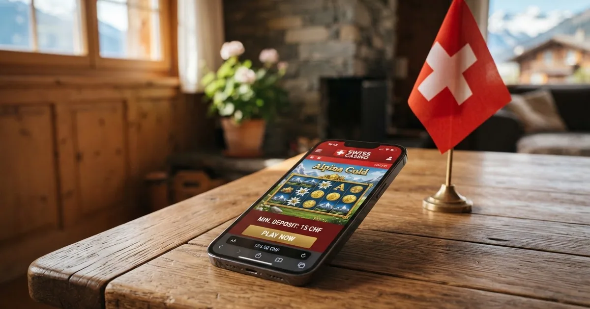 Smartphone mit geöffnetem Schweizer Online-Casino und Einzahlungsbildschirm, daneben Schweizer Flagge