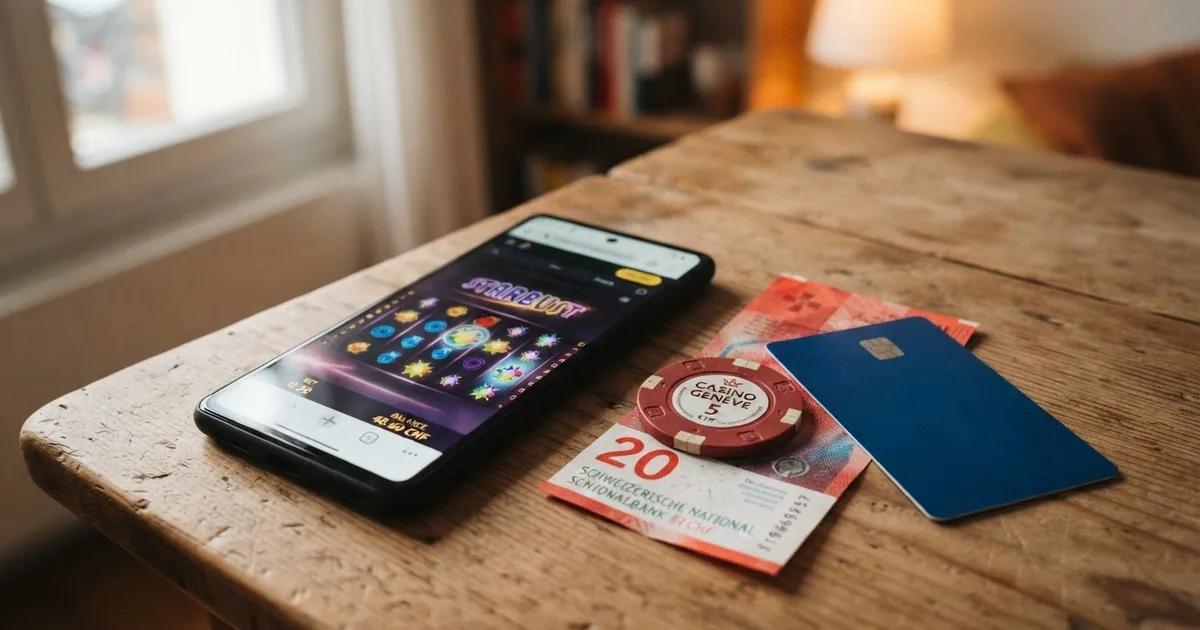 Ein Smartphone mit einer Casino-App, daneben ein Zwanzig-Franken-Schein und eine Schweizer Kreditkarte auf einem Holztisch