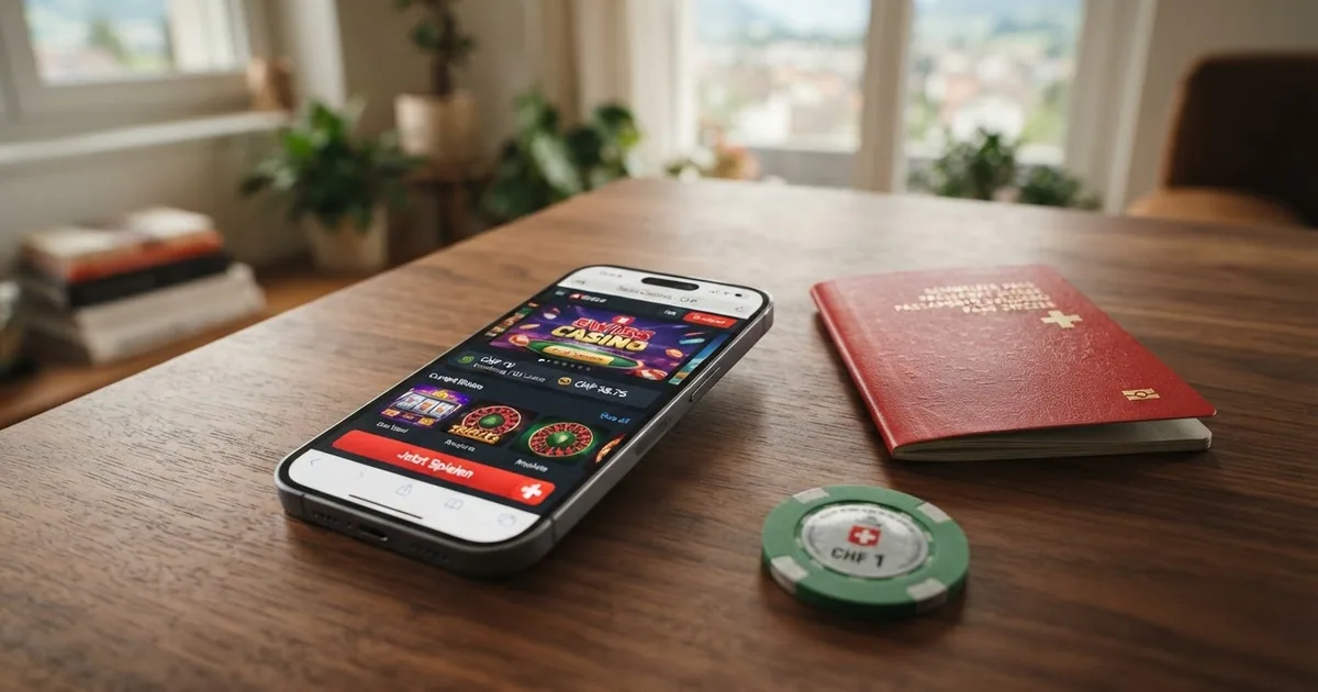 Ein Smartphone mit geöffneter Casino-App und einer Einzahlungsanzeige, daneben ein Schweizer Pass und ein kleines CHF-5-Münz-Stapel