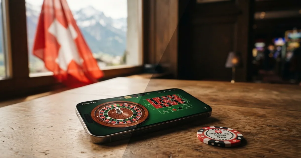 Eine stilisierte Schweizer Flagge neben einem Bildschirm mit Casino-Oberfläche, geteilt in eine helle (lizenzierte) und eine dunkle (Offshore) Seite