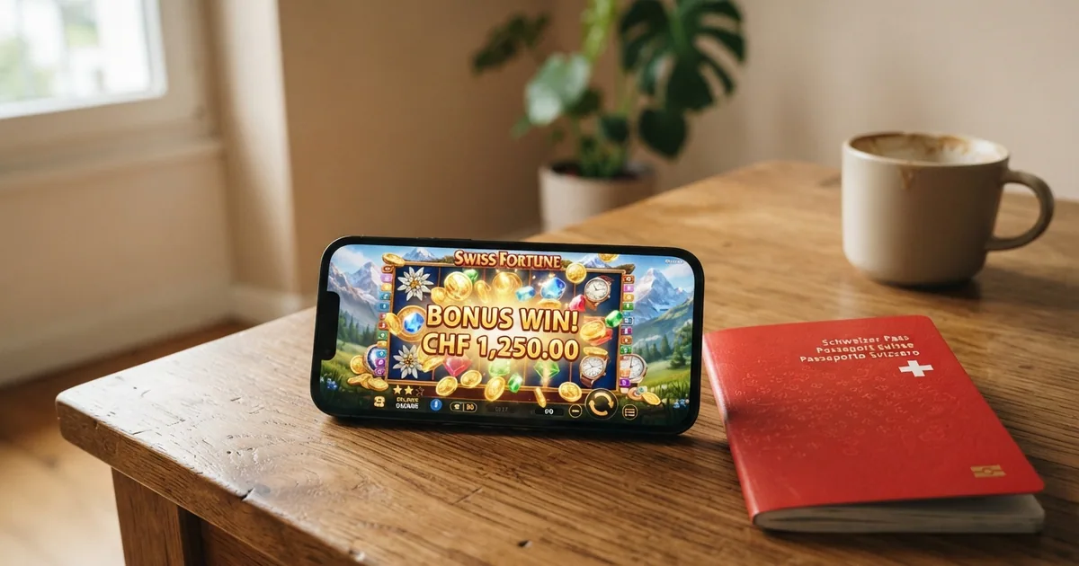 Ein Smartphone mit einer Casino-App auf dem Bildschirm, daneben ein Schweizer Pass