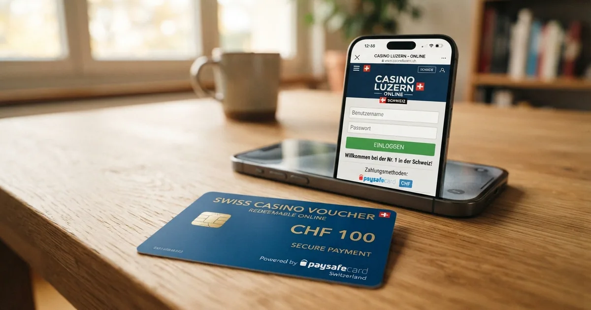 Eine paysafecard-Prepaid-Karte vor dem Bildschirm eines Schweizer Online Casinos