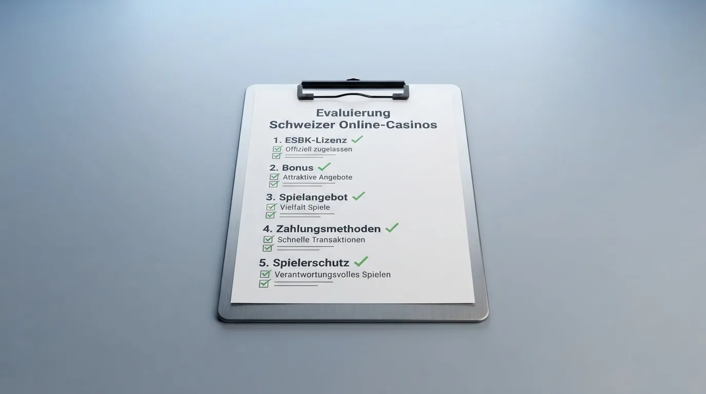 Stilisierte Checkliste mit den Bewertungskriterien: ESBK-Lizenz, Bonus, Spielangebot, Zahlungsmethoden, Spielerschutz — alle mit Häkchen