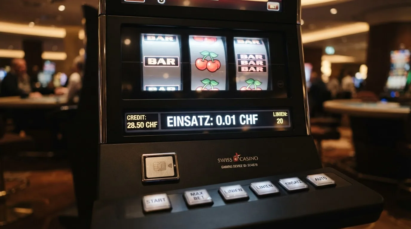 Nahaufnahme eines Slot-Automaten mit sichtbarer Einsatzanzeige auf 1 Rappen